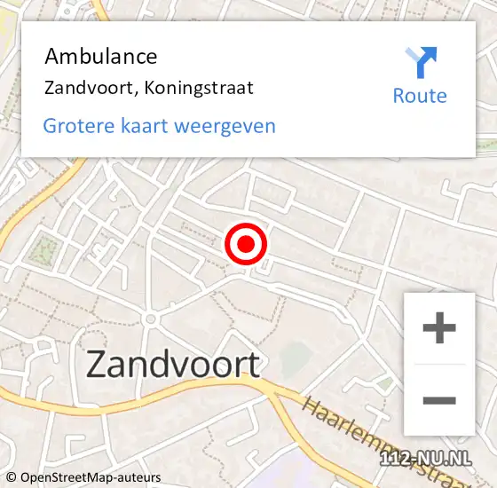 Locatie op kaart van de 112 melding: Ambulance Zandvoort, Koningstraat op 22 april 2024 18:20