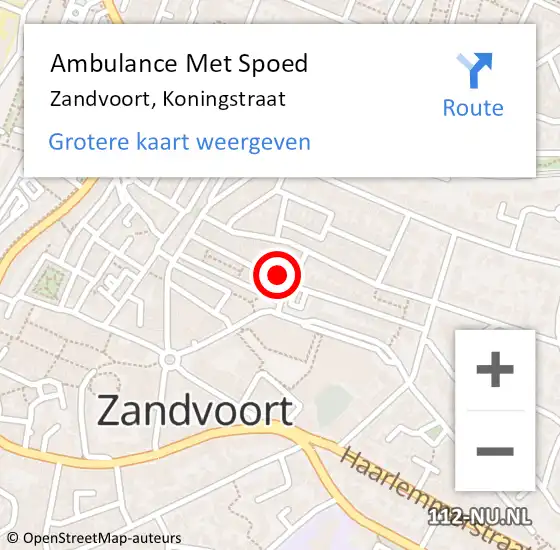 Locatie op kaart van de 112 melding: Ambulance Met Spoed Naar Zandvoort, Koningstraat op 22 april 2024 18:46