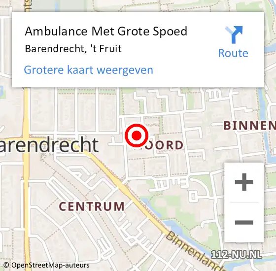 Locatie op kaart van de 112 melding: Ambulance Met Grote Spoed Naar Barendrecht, 't Fruit op 22 april 2024 20:06