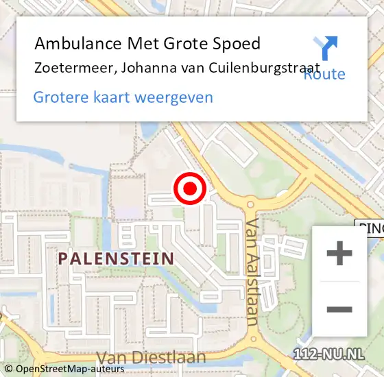 Locatie op kaart van de 112 melding: Ambulance Met Grote Spoed Naar Zoetermeer, Johanna van Cuilenburgstraat op 22 april 2024 23:25