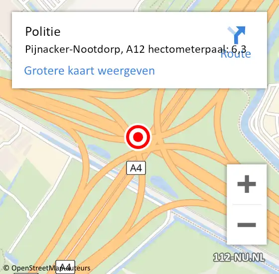 Locatie op kaart van de 112 melding: Politie Pijnacker-Nootdorp, A12 hectometerpaal: 6,3 op 22 april 2024 23:53