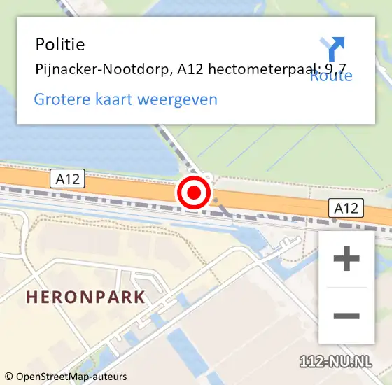 Locatie op kaart van de 112 melding: Politie Pijnacker-Nootdorp, A12 hectometerpaal: 9,7 op 23 april 2024 07:21