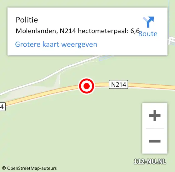 Locatie op kaart van de 112 melding: Politie Molenlanden, N214 hectometerpaal: 6,6 op 23 april 2024 07:41
