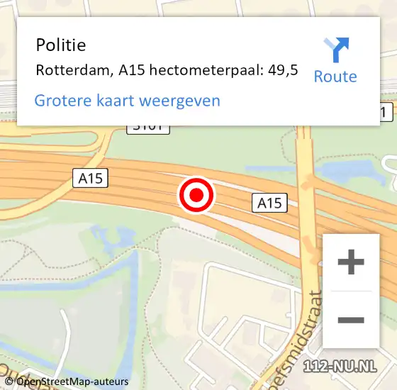 Locatie op kaart van de 112 melding: Politie Rotterdam, A15 hectometerpaal: 49,5 op 23 april 2024 07:45
