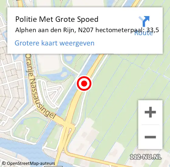 Locatie op kaart van de 112 melding: Politie Met Grote Spoed Naar Alphen aan den Rijn, N207 hectometerpaal: 33,5 op 23 april 2024 08:00