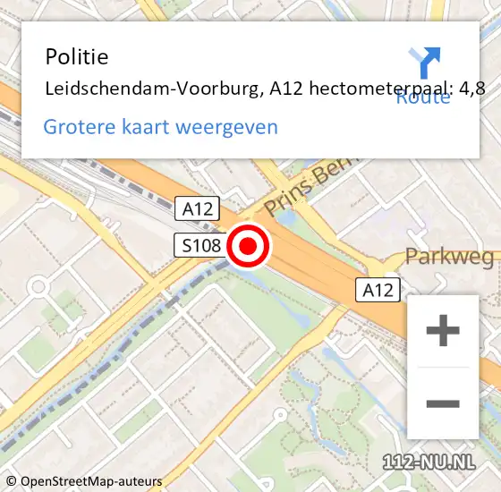 Locatie op kaart van de 112 melding: Politie Leidschendam-Voorburg, A12 hectometerpaal: 4,8 op 23 april 2024 08:43