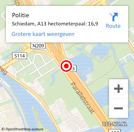 Locatie op kaart van de 112 melding: Politie Schiedam, A13 hectometerpaal: 16,9 op 23 april 2024 08:50
