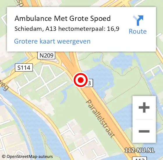 Locatie op kaart van de 112 melding: Ambulance Met Grote Spoed Naar Schiedam, A13 hectometerpaal: 16,9 op 23 april 2024 08:53