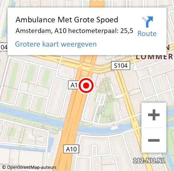 Locatie op kaart van de 112 melding: Ambulance Met Grote Spoed Naar Amsterdam, A10 hectometerpaal: 25,5 op 23 april 2024 10:01
