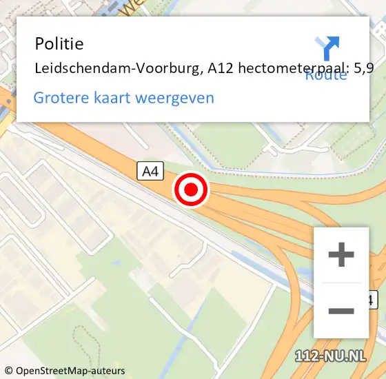Locatie op kaart van de 112 melding: Politie Leidschendam-Voorburg, A12 hectometerpaal: 5,9 op 23 april 2024 14:11