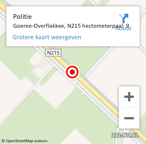 Locatie op kaart van de 112 melding: Politie Goeree-Overflakkee, N215 hectometerpaal: 9 op 23 april 2024 15:42