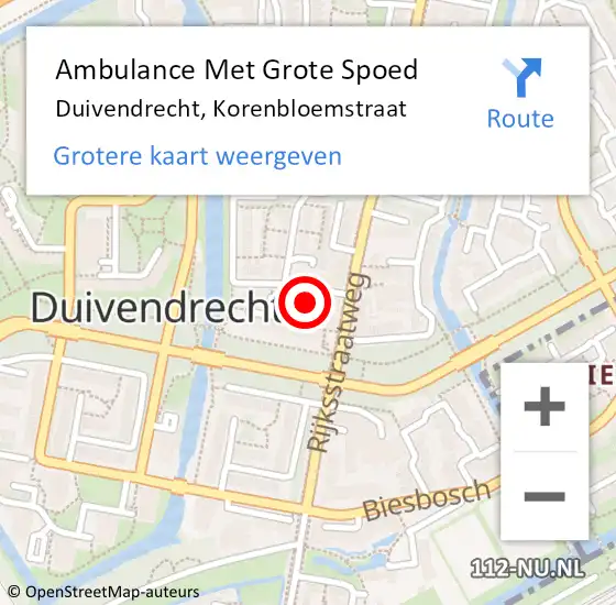 Locatie op kaart van de 112 melding: Ambulance Met Grote Spoed Naar Duivendrecht, Korenbloemstraat op 23 april 2024 15:43
