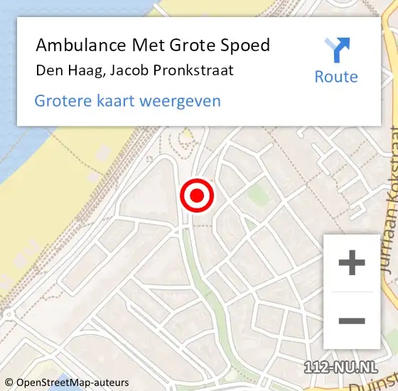 Locatie op kaart van de 112 melding: Ambulance Met Grote Spoed Naar Den Haag, Jacob Pronkstraat op 23 april 2024 17:04