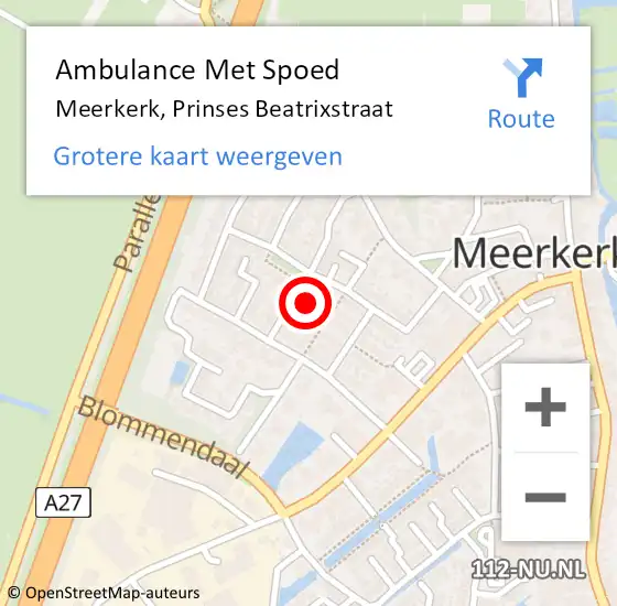 Locatie op kaart van de 112 melding: Ambulance Met Spoed Naar Meerkerk, Prinses Beatrixstraat op 23 april 2024 17:14