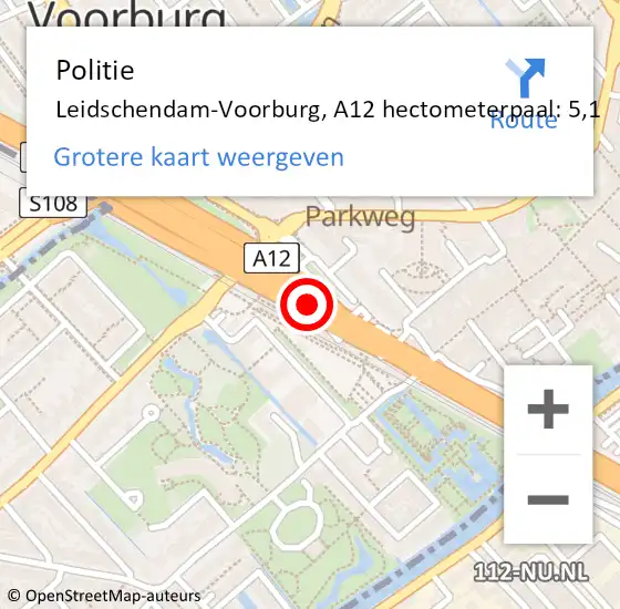 Locatie op kaart van de 112 melding: Politie Leidschendam-Voorburg, A12 hectometerpaal: 5,1 op 23 april 2024 17:21