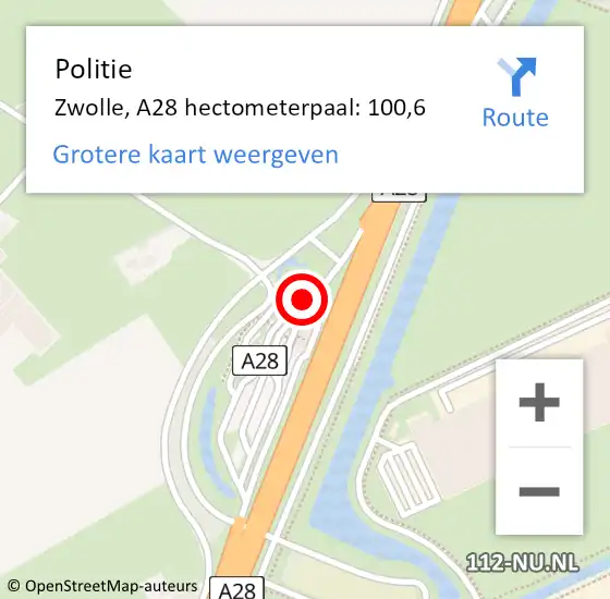 Locatie op kaart van de 112 melding: Politie Zwolle, A28 hectometerpaal: 100,6 op 23 april 2024 17:43