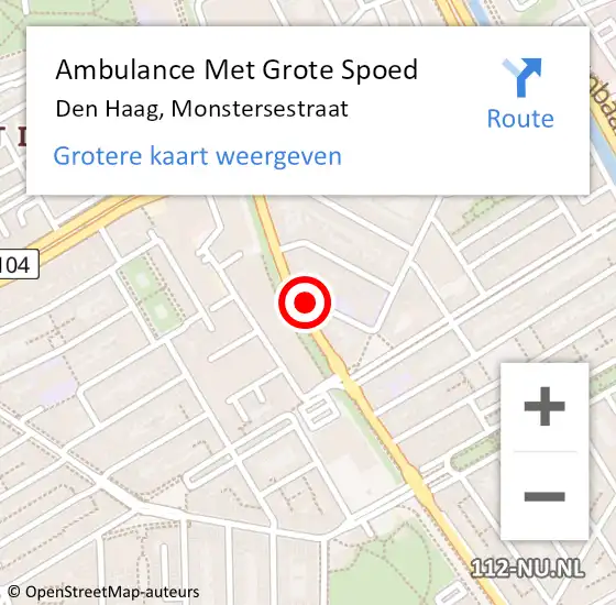 Locatie op kaart van de 112 melding: Ambulance Met Grote Spoed Naar Den Haag, Monstersestraat op 23 april 2024 17:47