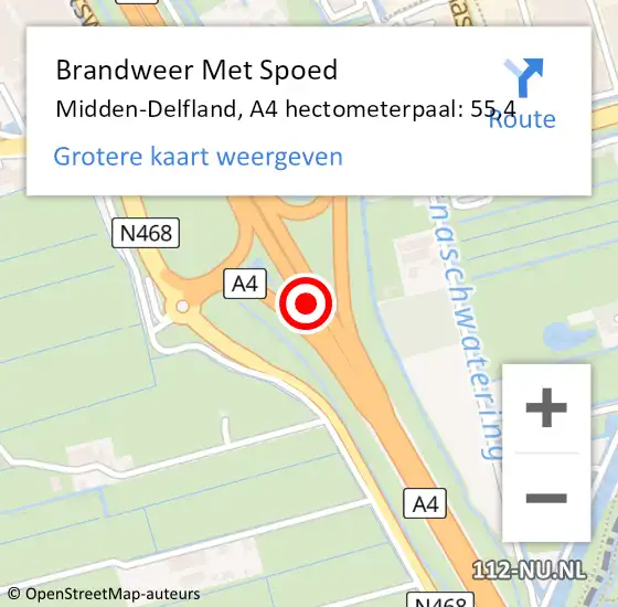 Locatie op kaart van de 112 melding: Brandweer Met Spoed Naar Midden-Delfland, A4 hectometerpaal: 55,4 op 23 april 2024 18:00