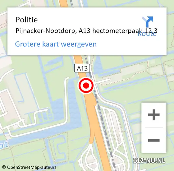 Locatie op kaart van de 112 melding: Politie Pijnacker-Nootdorp, A13 hectometerpaal: 12,3 op 23 april 2024 18:01