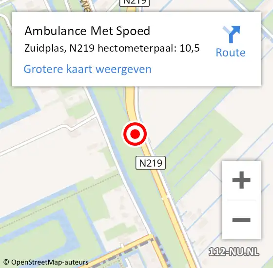 Locatie op kaart van de 112 melding: Ambulance Met Spoed Naar Zuidplas, N219 hectometerpaal: 10,5 op 23 april 2024 19:59