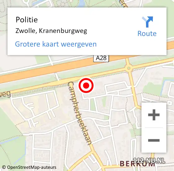 Locatie op kaart van de 112 melding: Politie Zwolle, Kranenburgweg op 23 april 2024 21:13