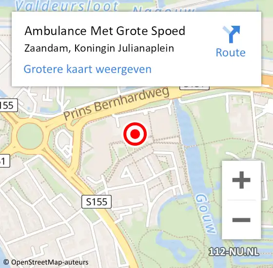 Locatie op kaart van de 112 melding: Ambulance Met Grote Spoed Naar Zaandam, Koningin Julianaplein op 23 april 2024 22:04
