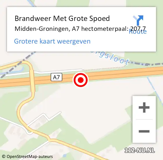 Locatie op kaart van de 112 melding: Brandweer Met Grote Spoed Naar Midden-Groningen, A7 hectometerpaal: 207,7 op 23 april 2024 22:51