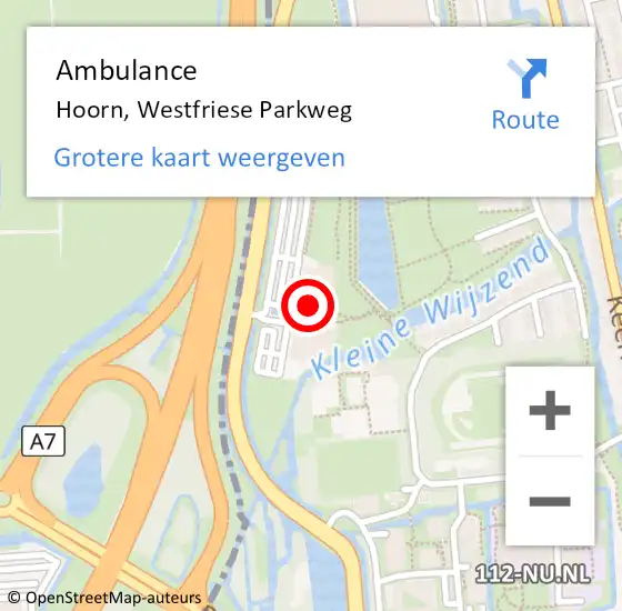 Locatie op kaart van de 112 melding: Ambulance Hoorn, Westfriese Parkweg op 24 april 2024 09:43