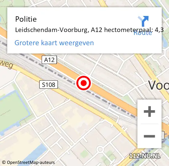Locatie op kaart van de 112 melding: Politie Leidschendam-Voorburg, A12 hectometerpaal: 4,3 op 24 april 2024 11:08