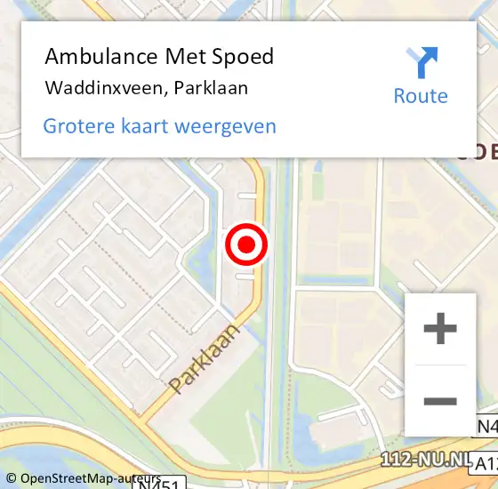 Locatie op kaart van de 112 melding: Ambulance Met Spoed Naar Waddinxveen, Parklaan op 24 april 2024 11:16