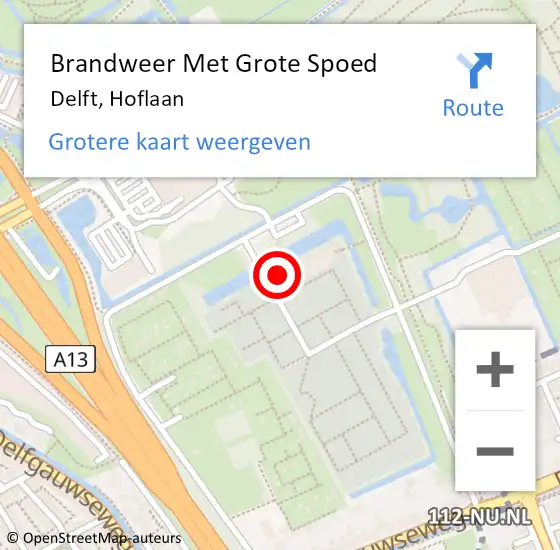 Locatie op kaart van de 112 melding: Brandweer Met Grote Spoed Naar Delft, Hoflaan op 24 april 2024 11:21