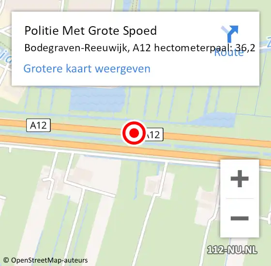 Locatie op kaart van de 112 melding: Politie Met Grote Spoed Naar Bodegraven-Reeuwijk, A12 hectometerpaal: 36,2 op 24 april 2024 11:59