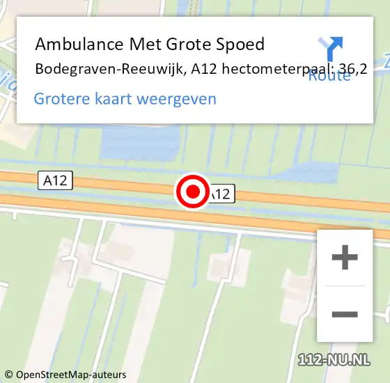 Locatie op kaart van de 112 melding: Ambulance Met Grote Spoed Naar Bodegraven-Reeuwijk, A12 hectometerpaal: 36,2 op 24 april 2024 12:00