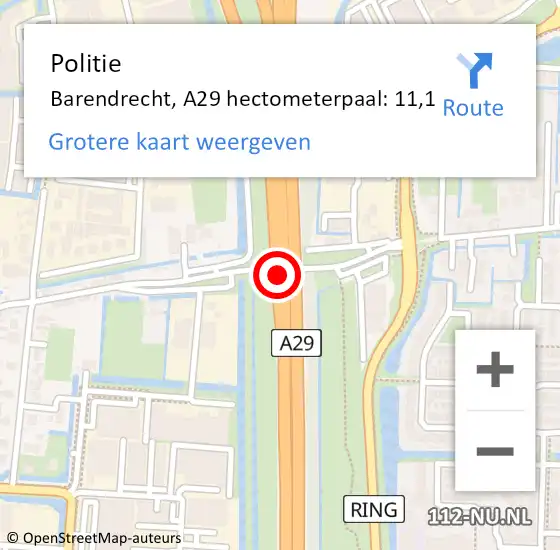 Locatie op kaart van de 112 melding: Politie Barendrecht, A29 hectometerpaal: 11,1 op 24 april 2024 12:04