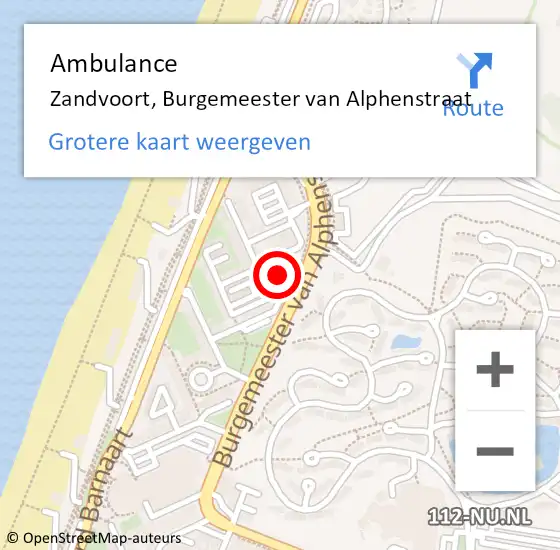Locatie op kaart van de 112 melding: Ambulance Zandvoort, Burgemeester van Alphenstraat op 24 april 2024 14:17
