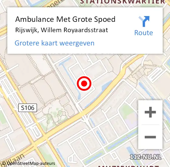 Locatie op kaart van de 112 melding: Ambulance Met Grote Spoed Naar Rijswijk, Willem Royaardsstraat op 24 april 2024 15:11