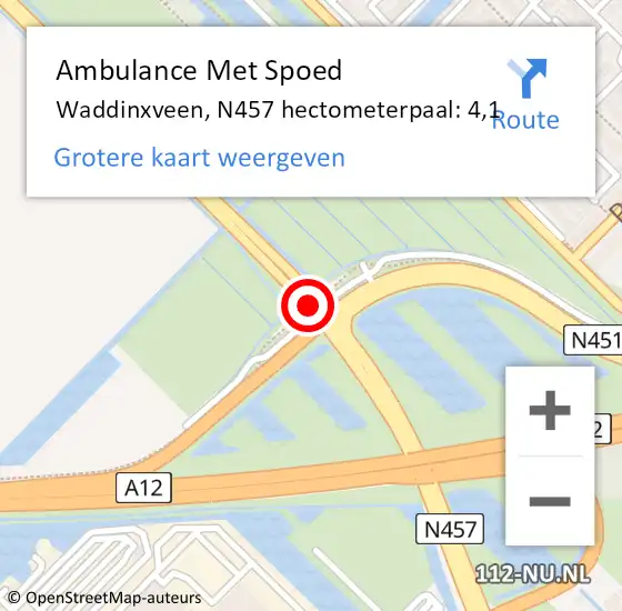 Locatie op kaart van de 112 melding: Ambulance Met Spoed Naar Waddinxveen, N457 hectometerpaal: 4,1 op 24 april 2024 18:03