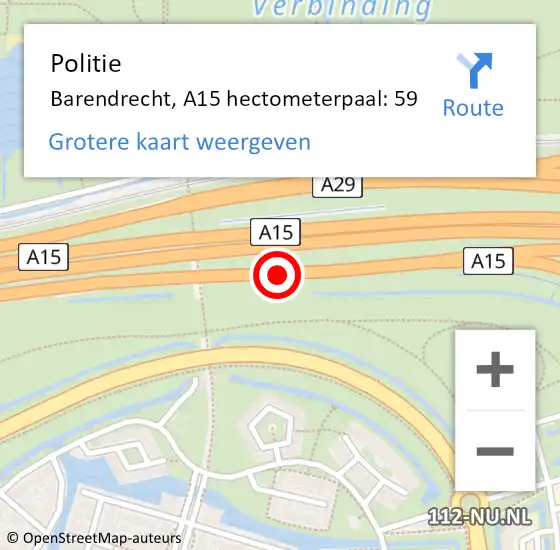 Locatie op kaart van de 112 melding: Politie Barendrecht, A15 hectometerpaal: 59 op 24 april 2024 18:30