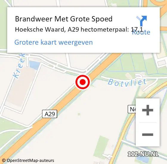 Locatie op kaart van de 112 melding: Brandweer Met Grote Spoed Naar Hoeksche Waard, A29 hectometerpaal: 17,1 op 25 april 2024 03:28