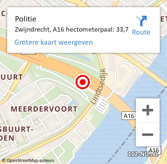 Locatie op kaart van de 112 melding: Politie Zwijndrecht, A16 hectometerpaal: 33,7 op 25 april 2024 08:14