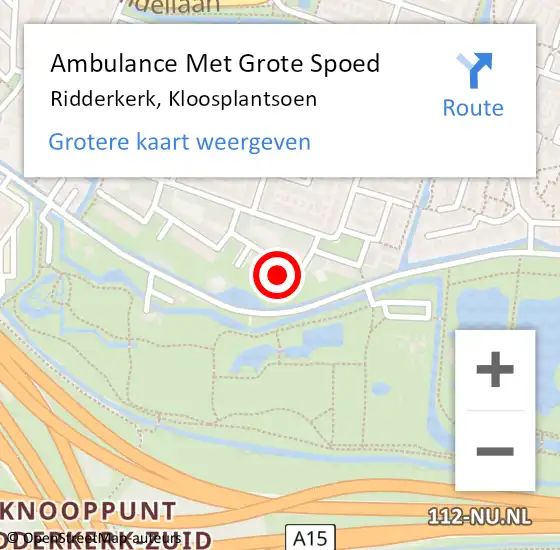 Locatie op kaart van de 112 melding: Ambulance Met Grote Spoed Naar Ridderkerk, Kloosplantsoen op 25 april 2024 09:33