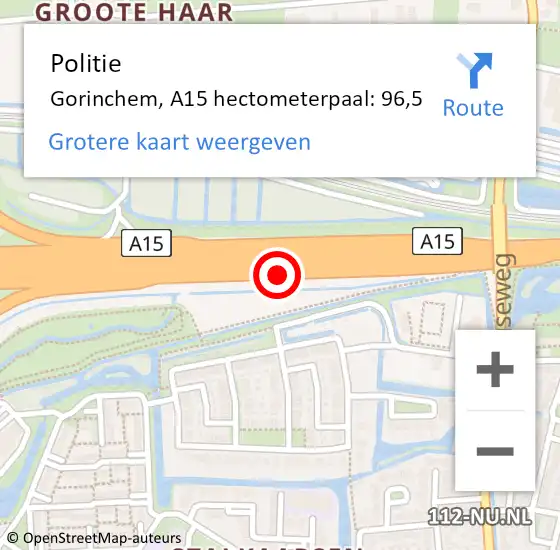 Locatie op kaart van de 112 melding: Politie Gorinchem, A15 hectometerpaal: 96,5 op 25 april 2024 09:37