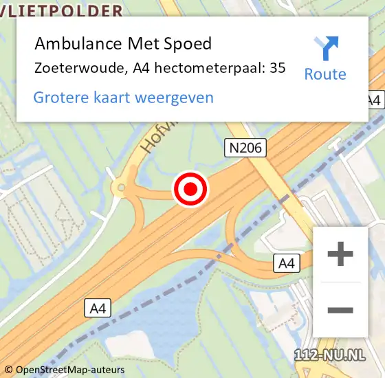 Locatie op kaart van de 112 melding: Ambulance Met Spoed Naar Zoeterwoude, A4 hectometerpaal: 35 op 25 april 2024 10:13
