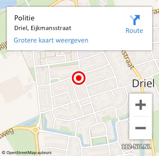 Locatie op kaart van de 112 melding: Politie Driel, Eijkmansstraat op 25 april 2024 10:49