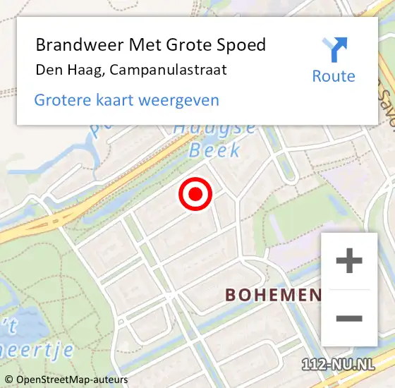 Locatie op kaart van de 112 melding: Brandweer Met Grote Spoed Naar Den Haag, Campanulastraat op 25 april 2024 10:50