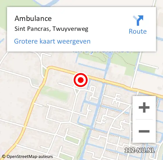 Locatie op kaart van de 112 melding: Ambulance Sint Pancras, Twuyverweg op 25 april 2024 11:37