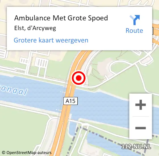 Locatie op kaart van de 112 melding: Ambulance Met Grote Spoed Naar Elst, d'Arcyweg op 25 april 2024 13:03
