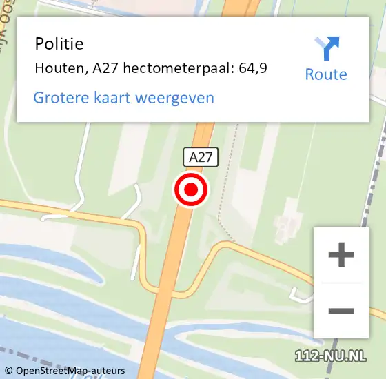Locatie op kaart van de 112 melding: Politie Houten, A27 hectometerpaal: 64,9 op 25 april 2024 14:29