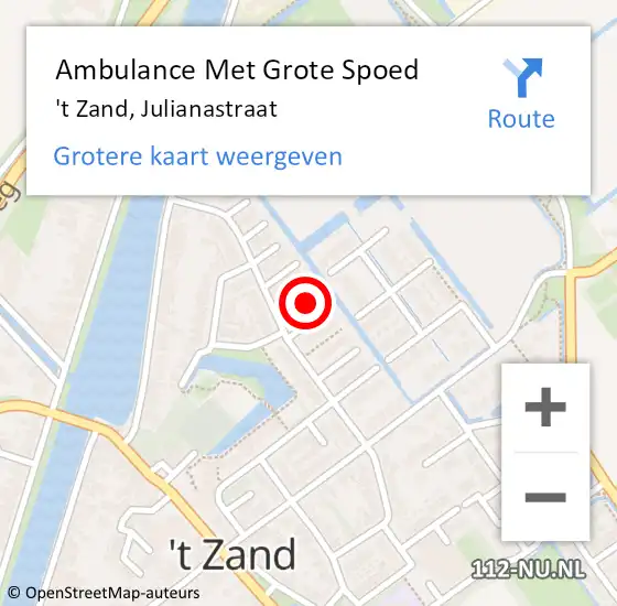 Locatie op kaart van de 112 melding: Ambulance Met Grote Spoed Naar 't Zand, Julianastraat op 25 april 2024 14:55