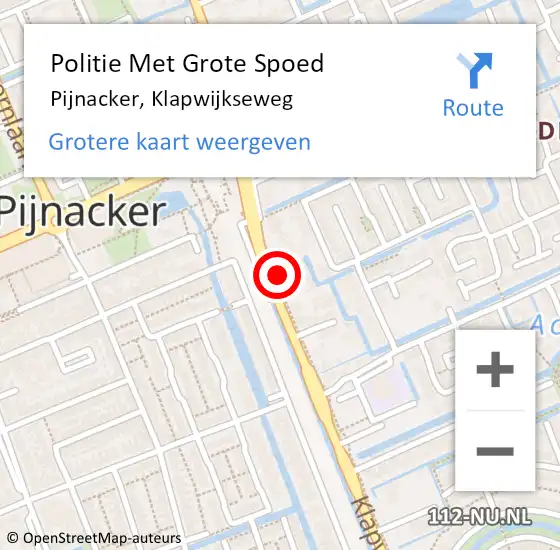 Locatie op kaart van de 112 melding: Politie Met Grote Spoed Naar Pijnacker, Klapwijkseweg op 25 april 2024 16:50